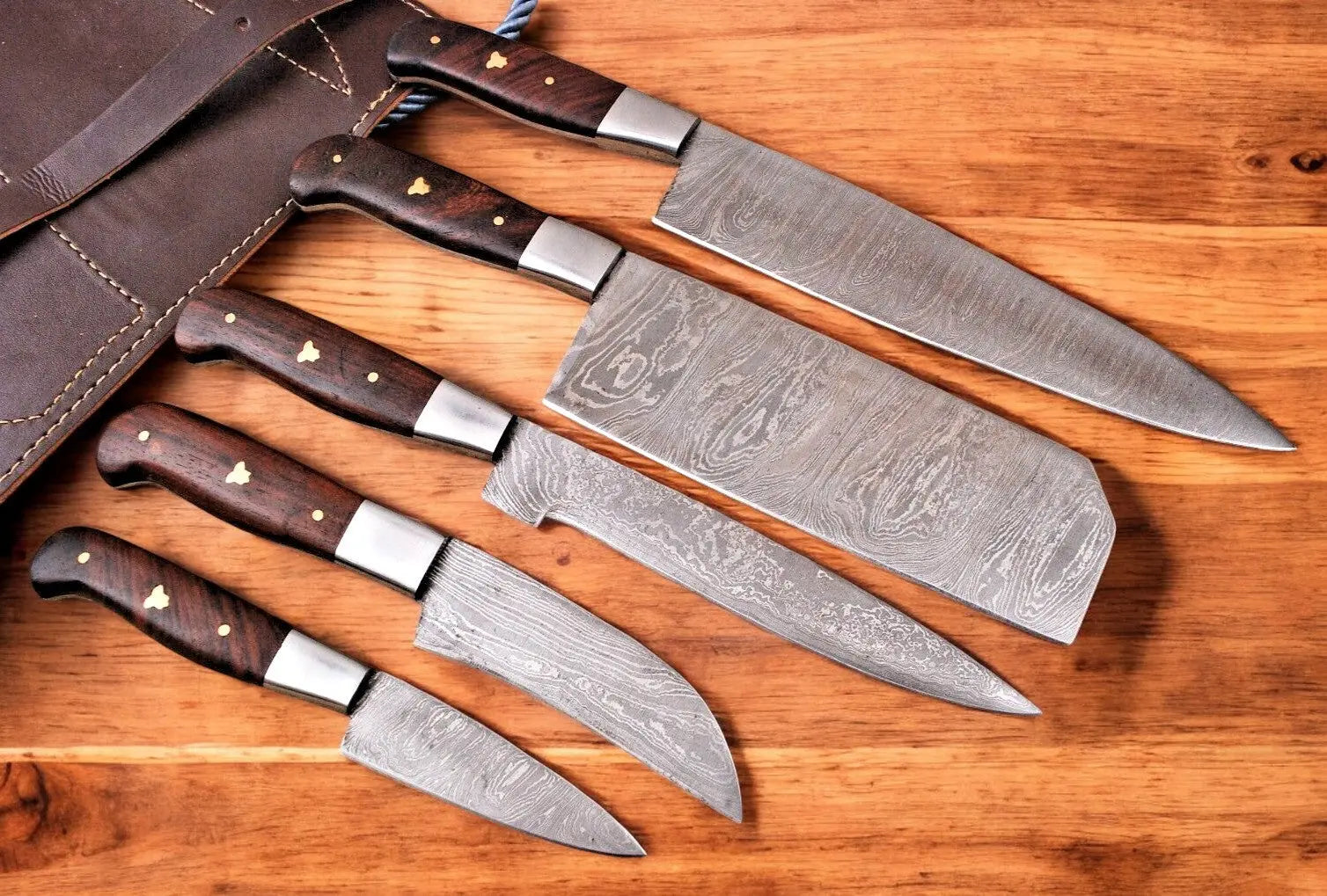 Handmade Damascus Kitchen Knives Set with Leather Roll Damascus Knife Store