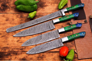 Handmade Damascus Kitchen Knives Set with Leather Roll Damascus Knife Store