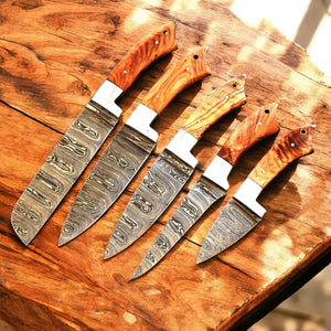 Handmade Damascus Kitchen Knives Set with Olivewood Handle Damascus Knife Store