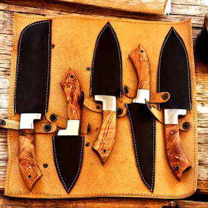Handmade Damascus Kitchen Knives Set with Olivewood Handle Damascus Knife Store