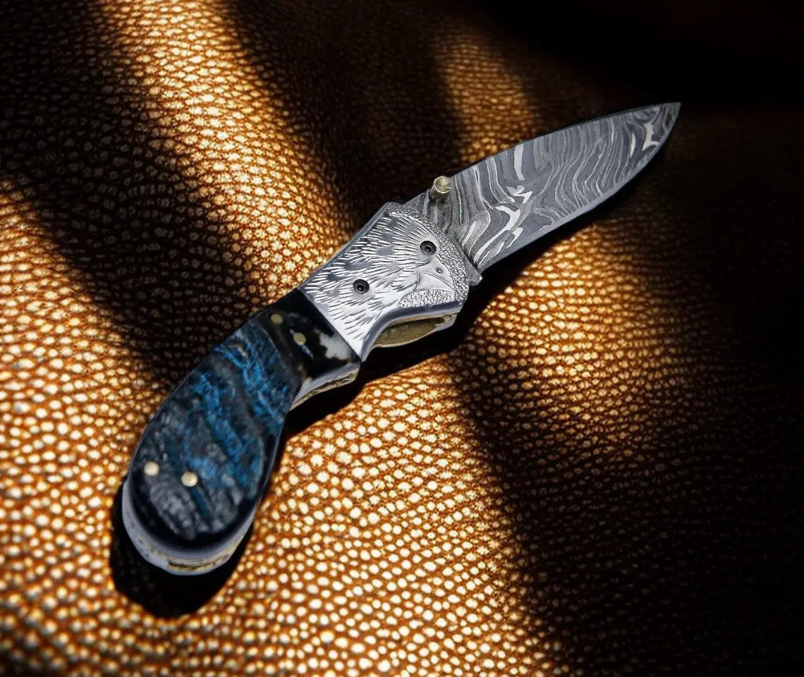 Handmade Damascus Pocket Knife – Sheep Horn Handle Damascus Knife Store