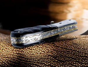 Handmade Damascus Pocket Knife – Sheep Horn Handle Damascus Knife Store