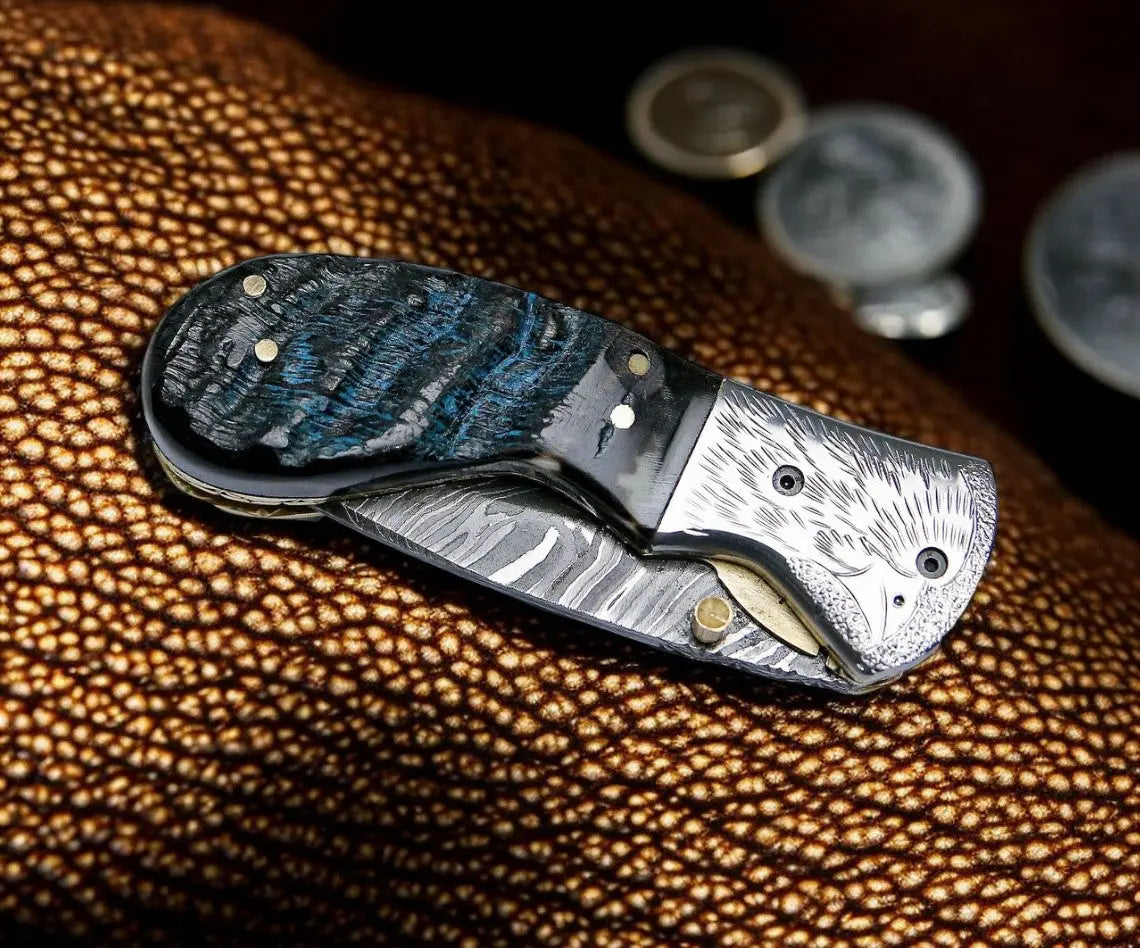Handmade Damascus Pocket Knife – Sheep Horn Handle Damascus Knife Store