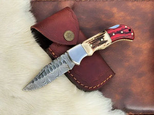 Handmade Damascus Pocket Knife – Stag & Pakka Wood Damascus Knife Store