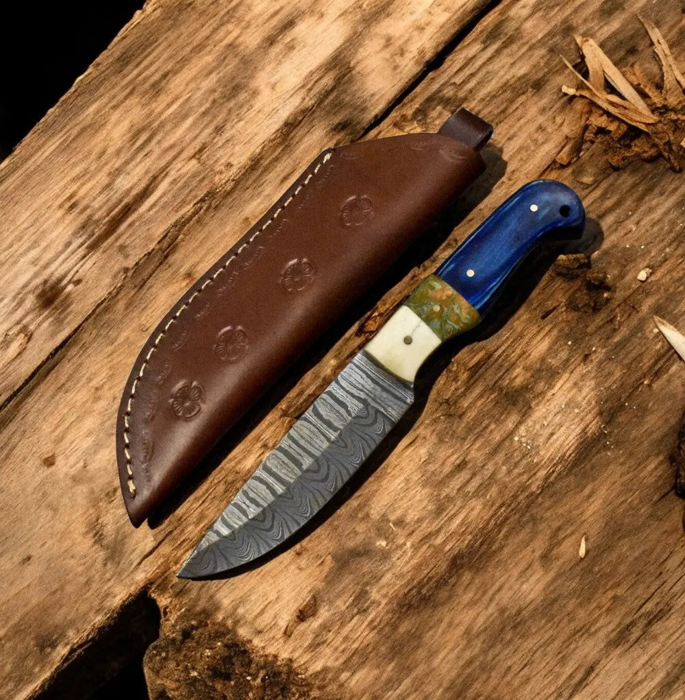 Handmade Damascus Skinning Knife – Bone & Resin Handle Damascus Knife Store