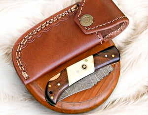 Handmade Damascus Steel Pocket Knife – Rosewood & Bone Damascus Knife Store