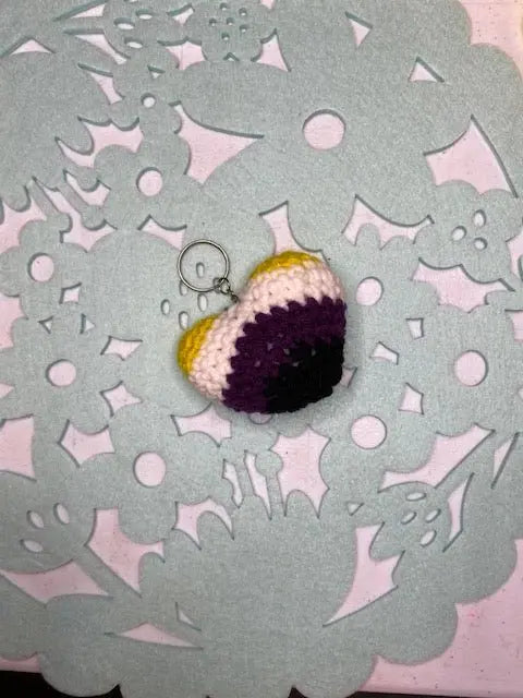 Nonbinary Pride Heart Keychain: Crochet LGBTQ Pride Flag Accessory - Yellow, White, Purple, Black