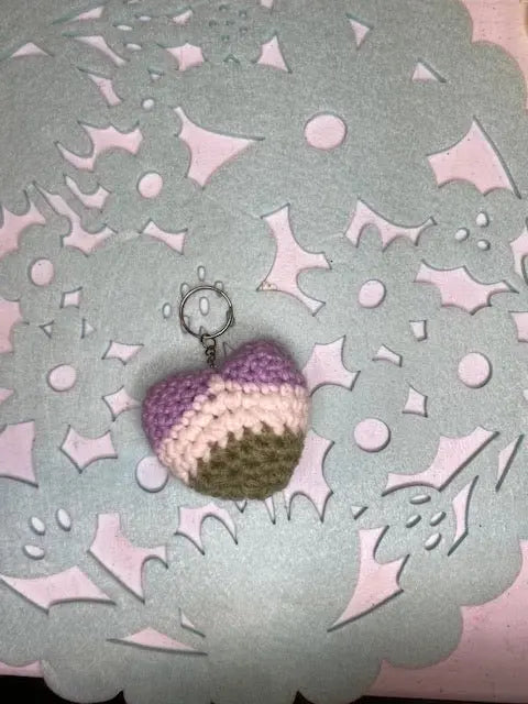 Genderqueer Pride Crochet Heart Keychain: LGBTQ+ Handmade Accessory - Lavender, White, Green