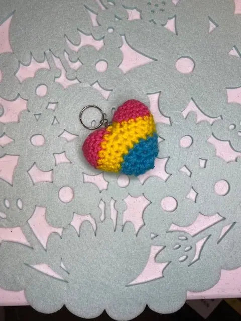 Pansexual Pride Crochet Heart Keychain. Handmade LGBTQ+ Accessory.