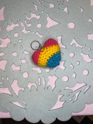 Pansexual Pride Crochet Heart Keychain. Handmade LGBTQ+ Accessory.