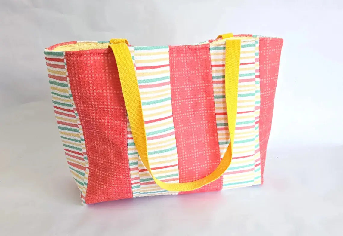 Handmade Terry Cloth Beach Tote – Striped Pool Bag with Yellow Straps Maypop House Designs