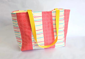 Handmade Terry Cloth Beach Tote – Striped Pool Bag with Yellow Straps Maypop House Designs
