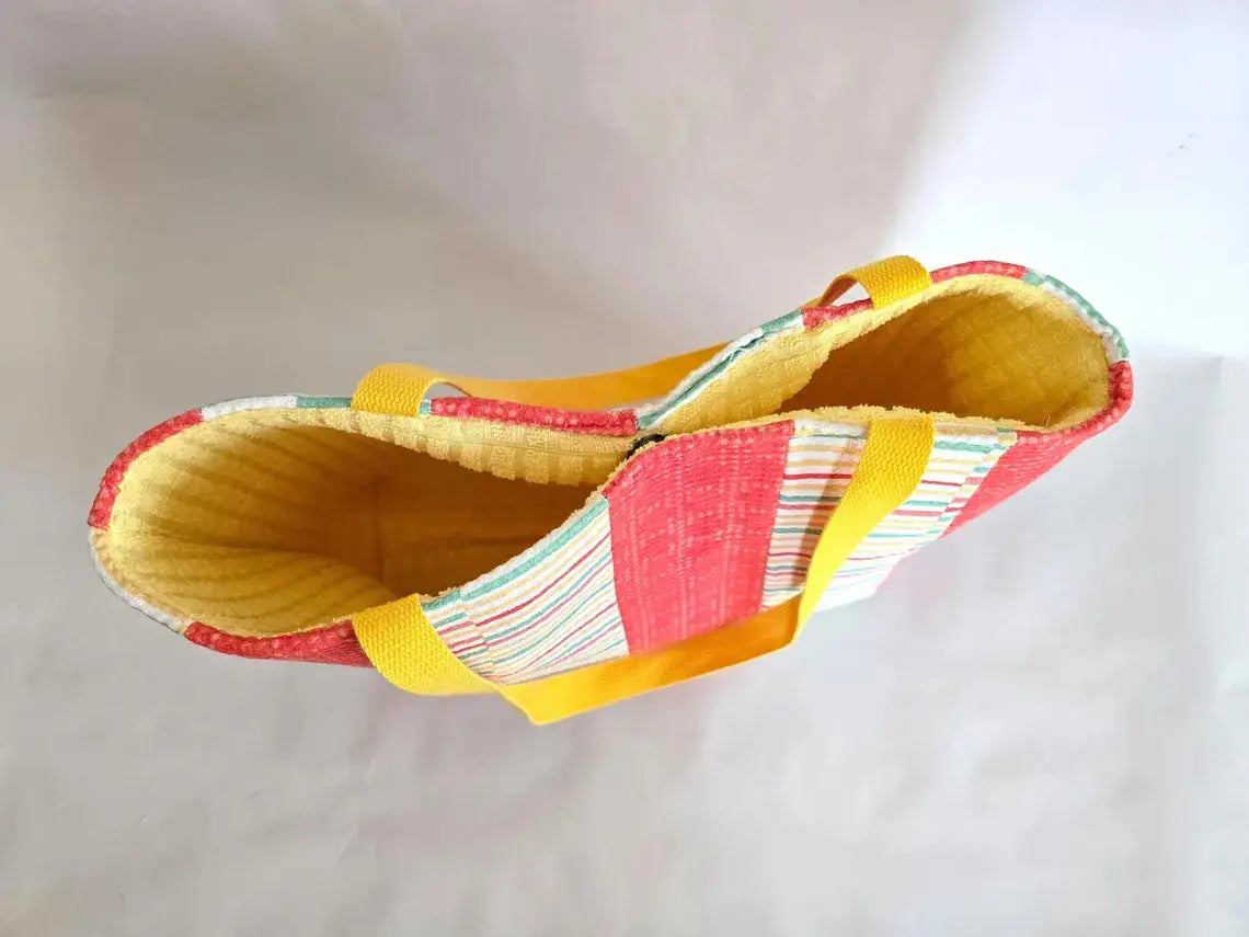 Handmade Terry Cloth Beach Tote – Striped Pool Bag with Yellow Straps Maypop House Designs