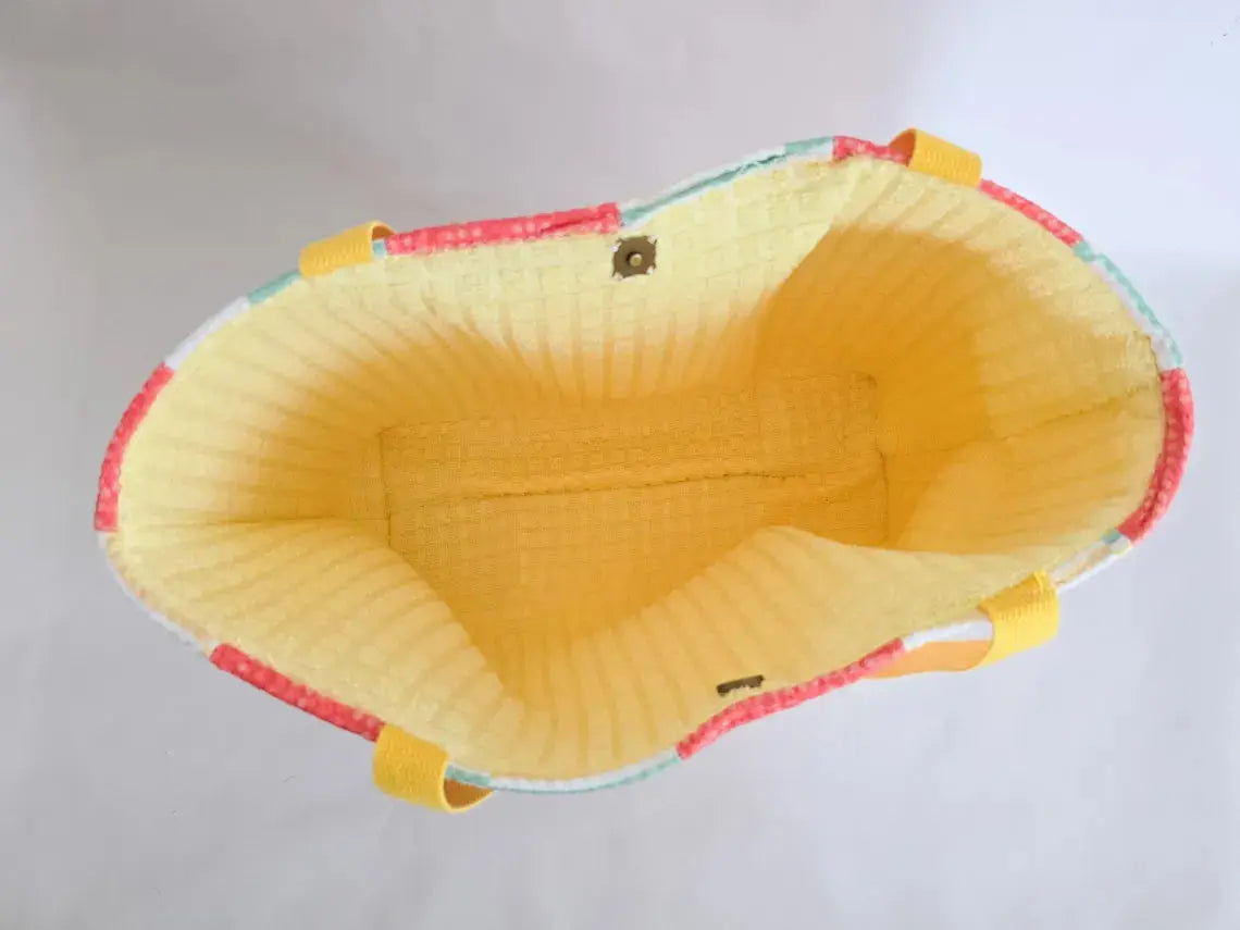 Handmade Terry Cloth Beach Tote – Striped Pool Bag with Yellow Straps Maypop House Designs