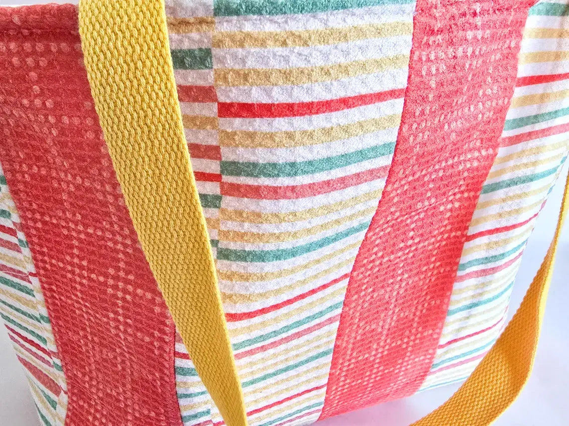 Handmade Terry Cloth Beach Tote – Striped Pool Bag with Yellow Straps Maypop House Designs