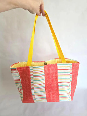 Handmade Terry Cloth Beach Tote – Striped Pool Bag with Yellow Straps Maypop House Designs