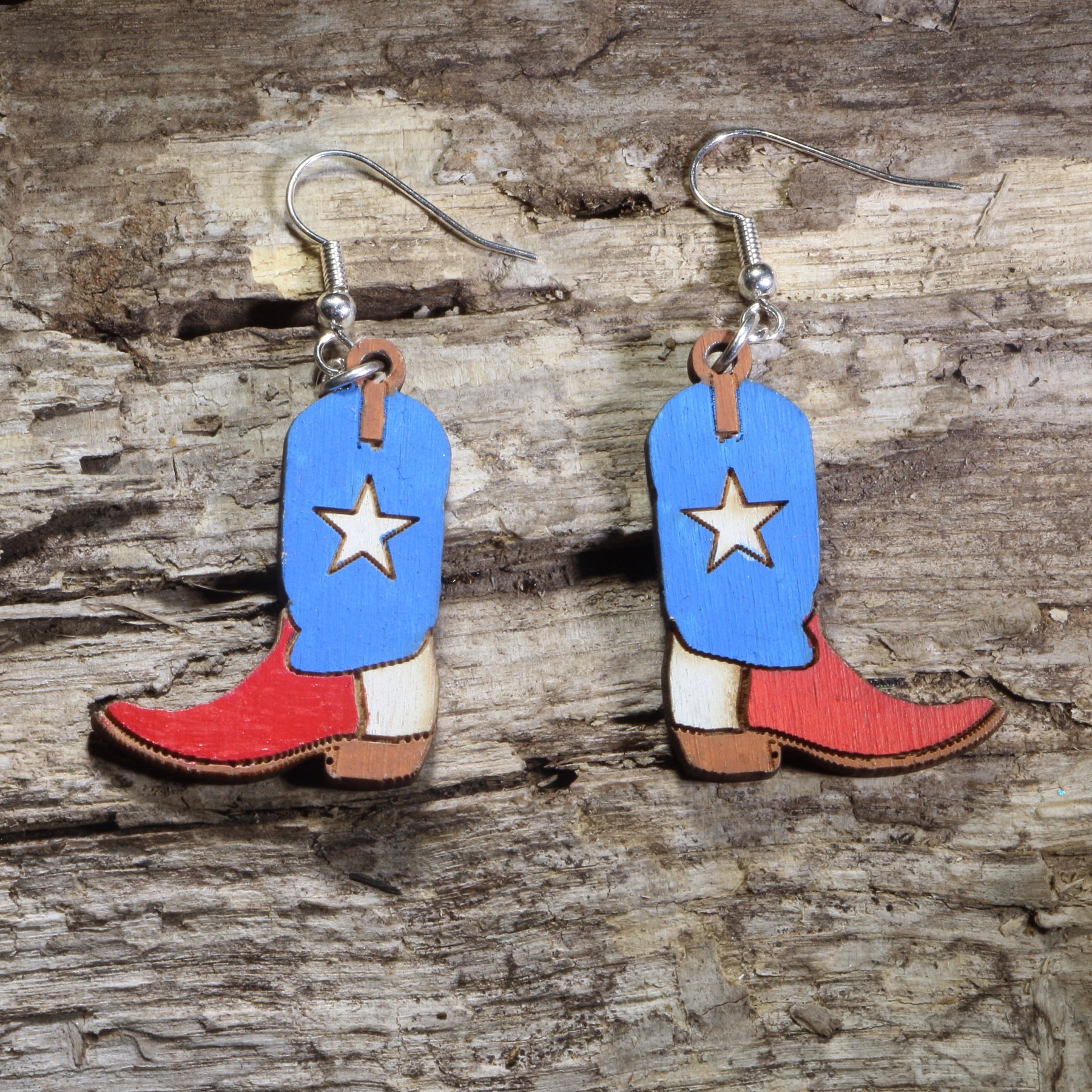 Texas Lone Star Cowboy Boot Wooden Dangle Earrings | Western Jewelry