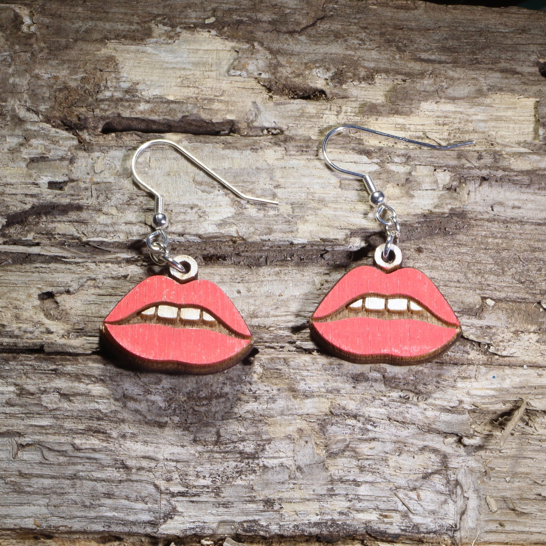 Red Lips Wooden Dangle Earrings | Beauty Jewelry