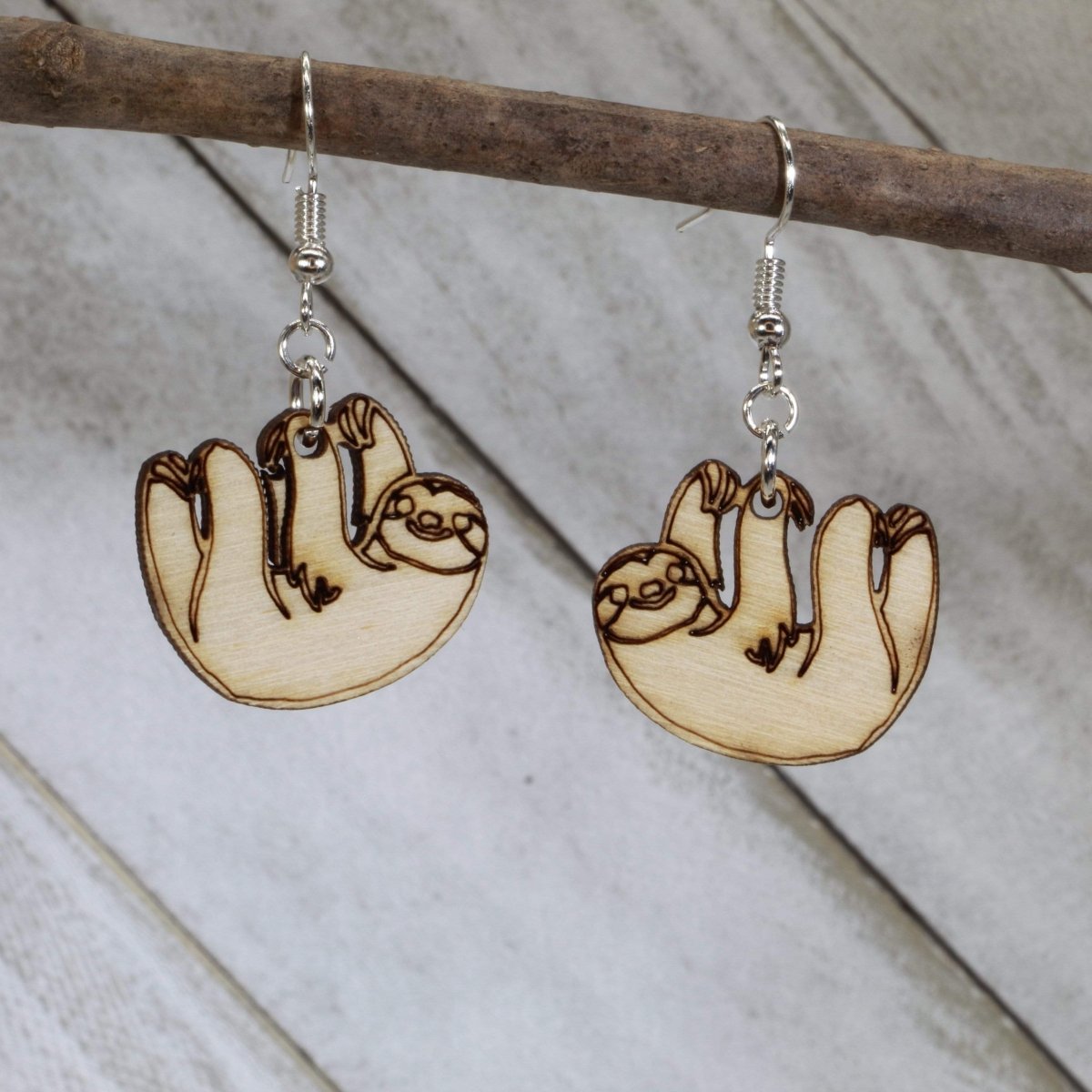 Hanging Sloth Wooden Dangle Earrings | Cute Animal Jewelry