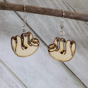 Hanging Sloth Wooden Dangle Earrings | Cute Animal Jewelry