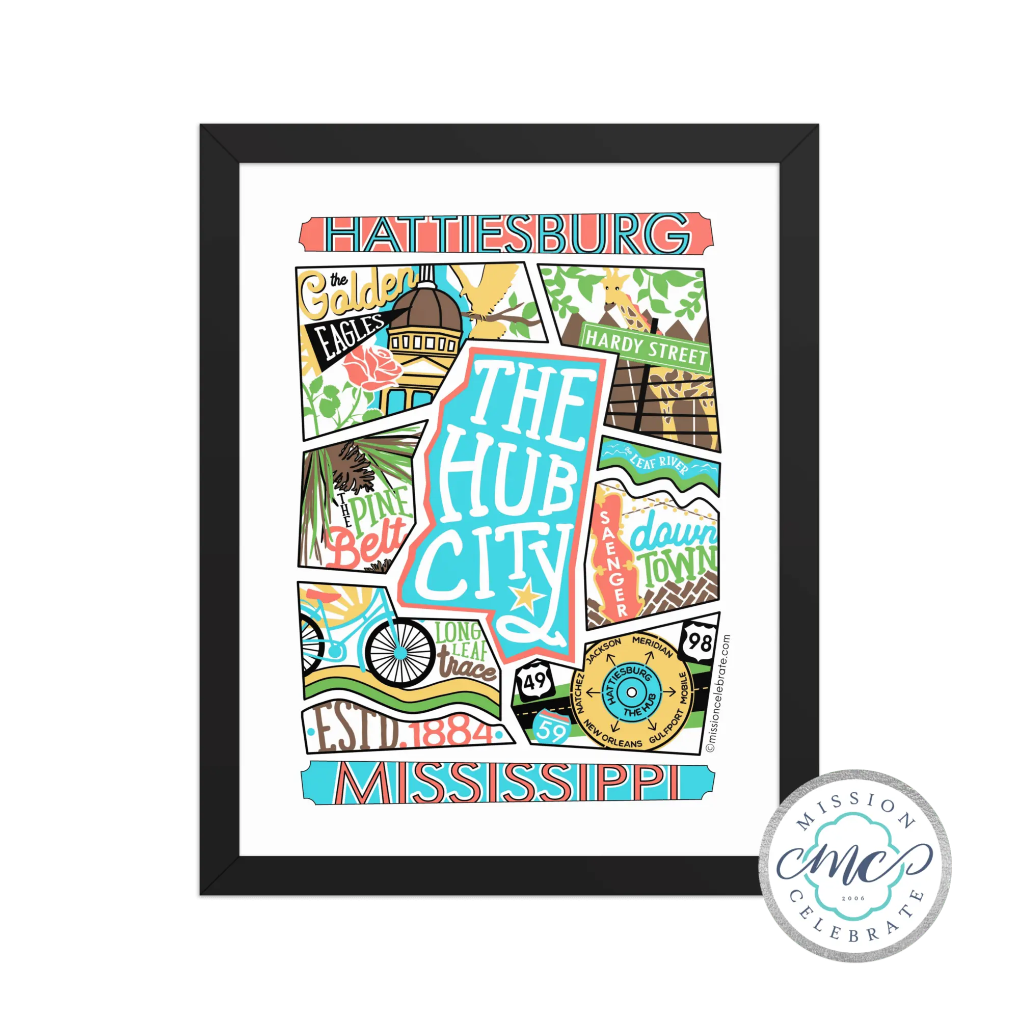 Hattiesburg Mississippi Art: Collage Framed Print of 'The Hub City' by Leslie Gonze, a unique souvenir or gift.