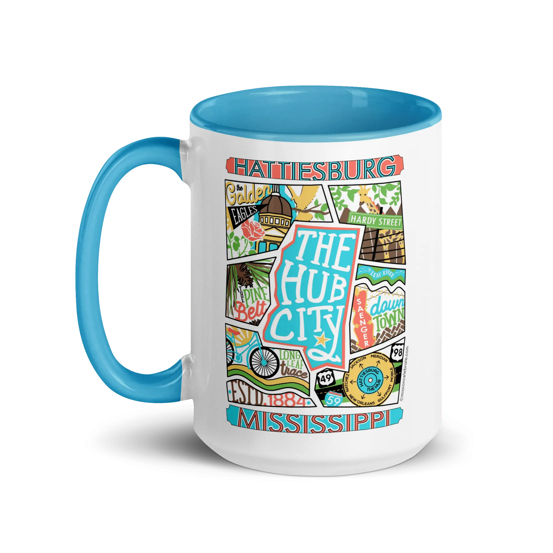 Hattiesburg Mississippi Mug: Collage Art by Leslie Gonce, Hub City Souvenir
