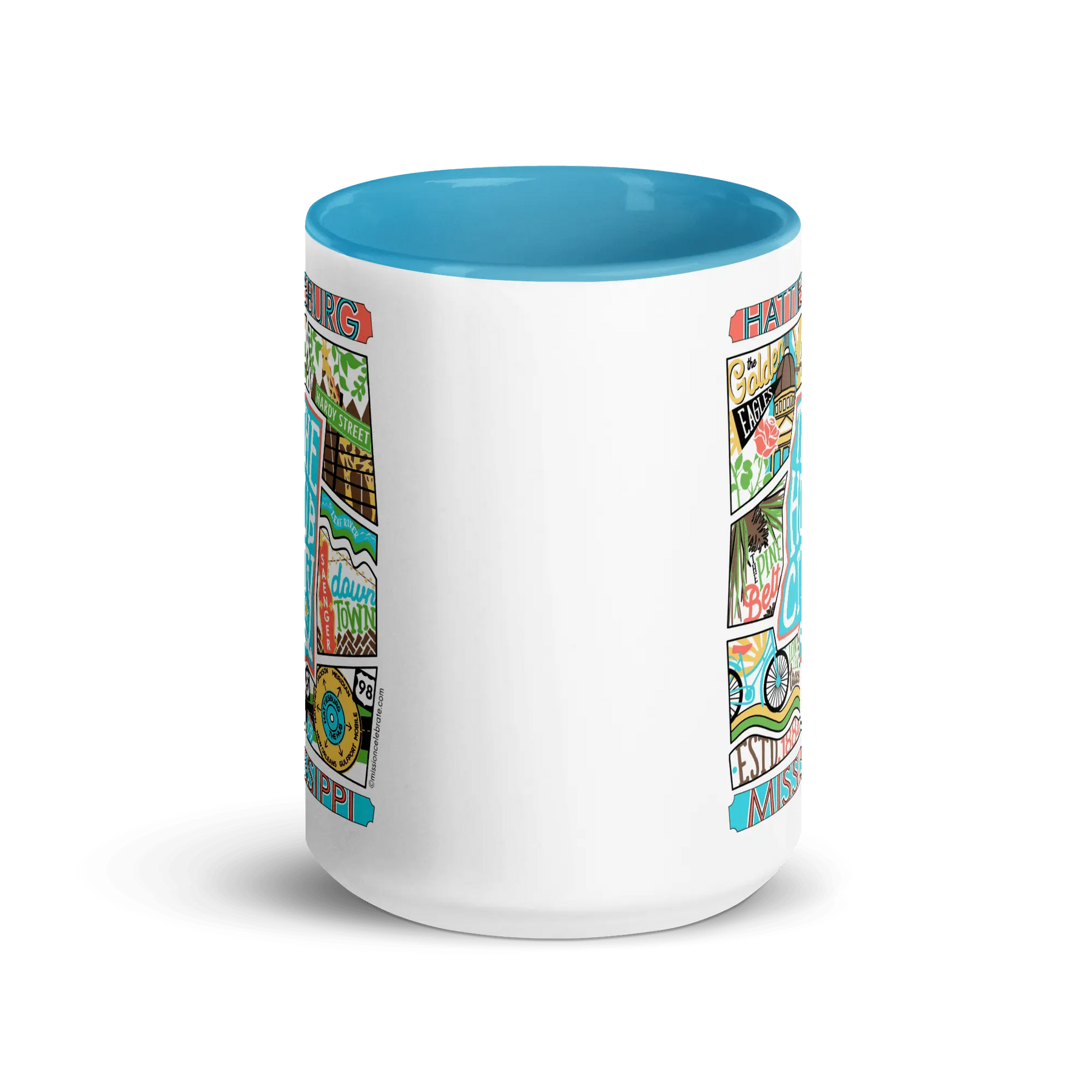 Hattiesburg Mississippi Mug: Leslie Gonce Collage Art, Hub City Souvenir from Main Street Collective. Ceramic, 15 oz, Dishwasher Safe.