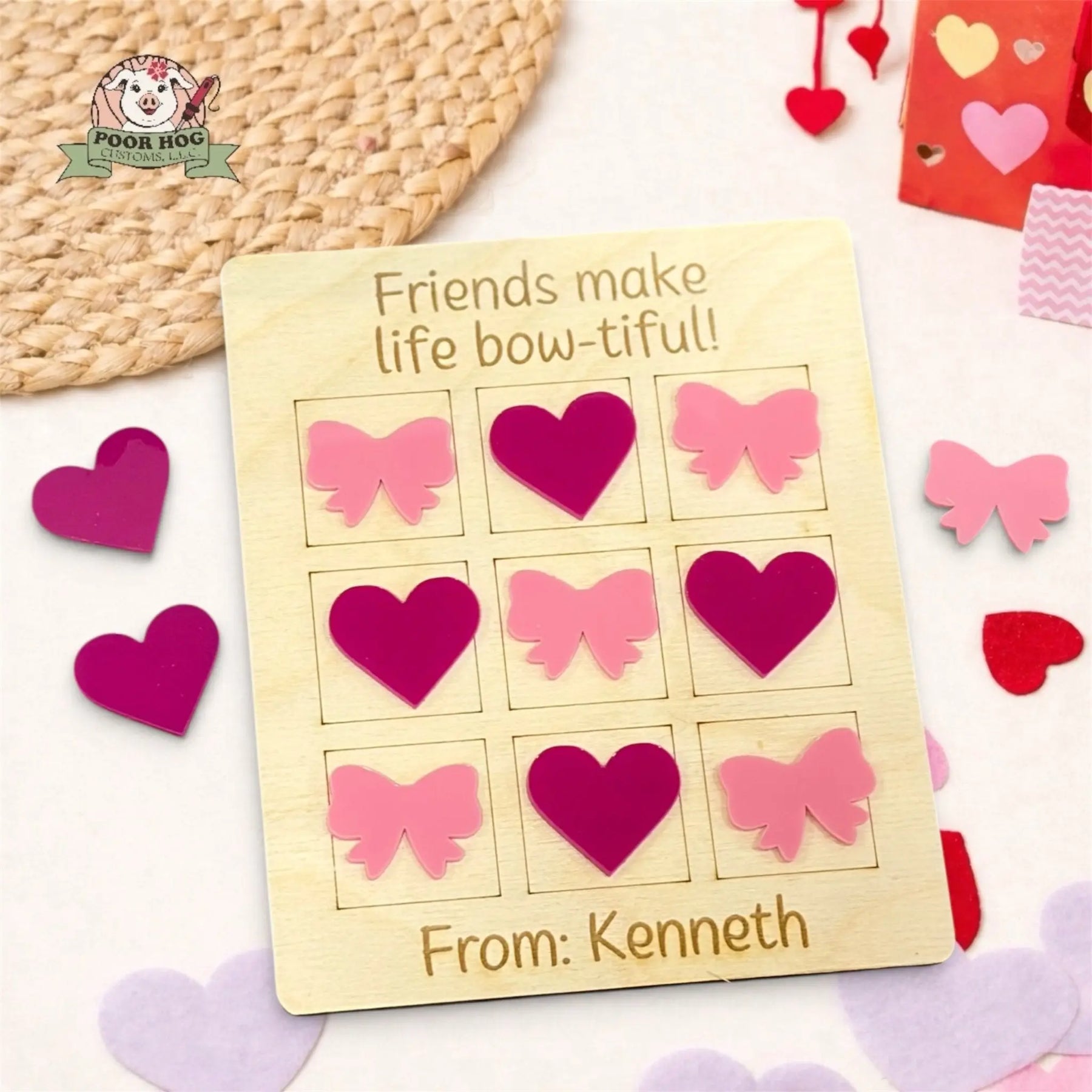 Heart and Bow Tic Tac Toe Valentine Game with Acrylic Pieces Poor Hog Customs