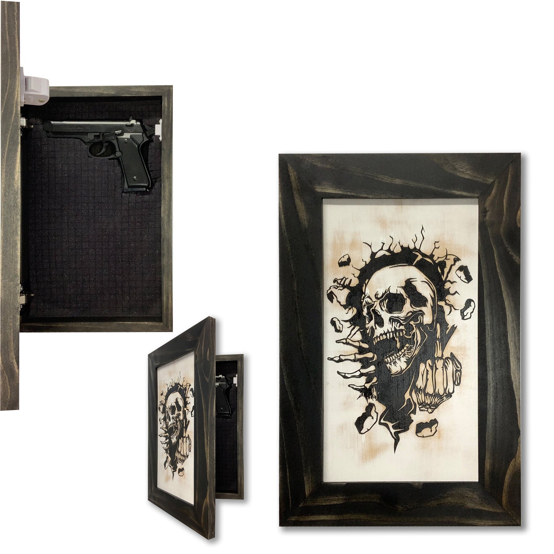 Hidden Gun Cabinet Safe with Skull Giving Middle Finger Wall Decor, Concealed Furniture