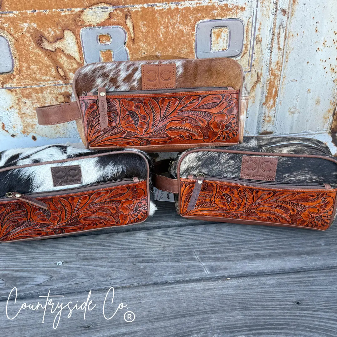 High Plains Tooled Leather and Cowhide Toiletry Bag Countryside Co.