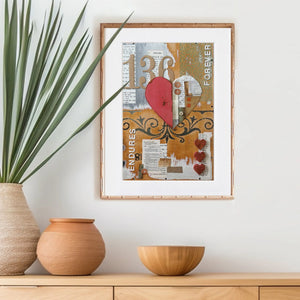 Framed collage art with text '136 Forever' and heart shapes