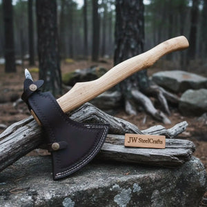 Damascus Camping Axe with 22 Inch Ash Handle – Hand Forged Bushcraft Axe with Leather Sheath | JW SteelCrafts