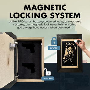 Horse Wall Art Gun Concealment Furniture - Handcrafted Hidden Gun Storage Wall Decor - Hidden Gun Shelf with Magnetic Lock for Quick Access