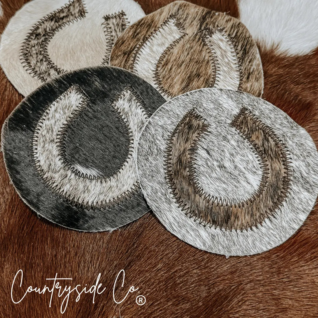 Horseshoe cowhide coasters, set of 4, with unique natural patterns