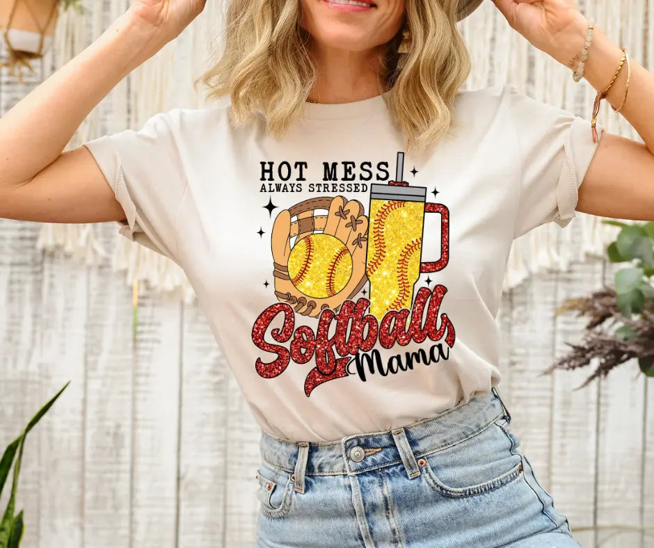 Hot Mess Always Stressed Softball Mama Southern Backroad Tees LLC