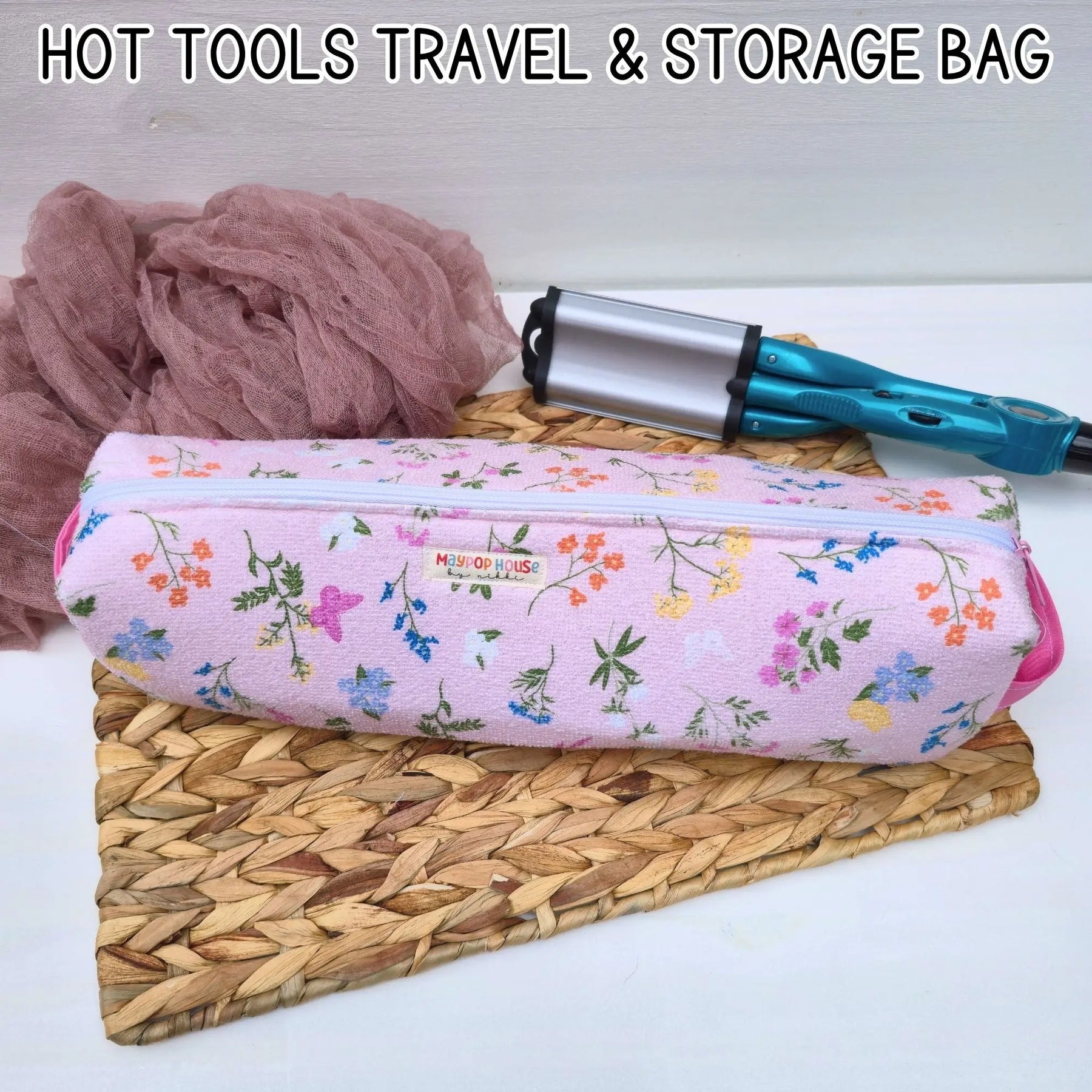 Hot Tool Storage Bag, Floral Boxy Zipper Pouch, Hair Tool Travel Case, Curling Iron Storage, Blow Dryer Organizer Maypop House Designs