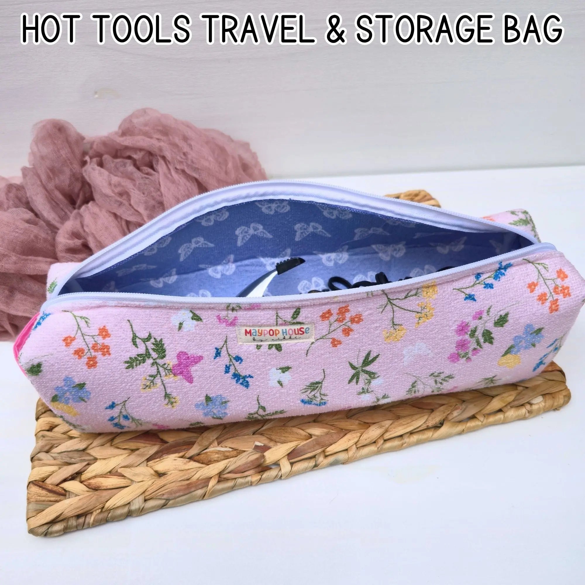 Hot Tool Storage Bag, Floral Boxy Zipper Pouch, Hair Tool Travel Case, Curling Iron Storage, Blow Dryer Organizer Maypop House Designs