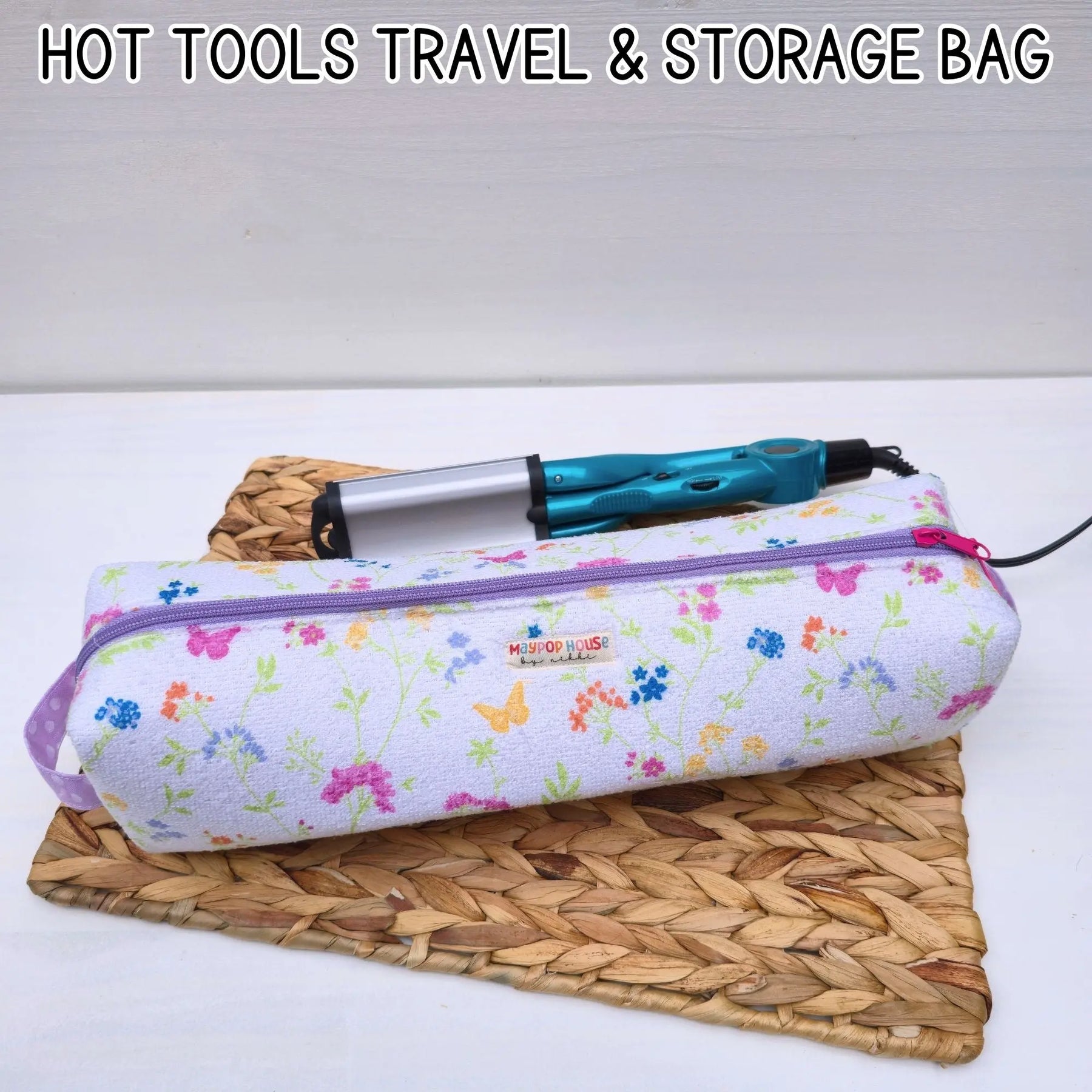 Hot Tool Storage Bag, Floral Boxy Zipper Pouch, Hair Tool Travel Case, Curling Iron Storage, Blow Dryer Organizer Maypop House Designs