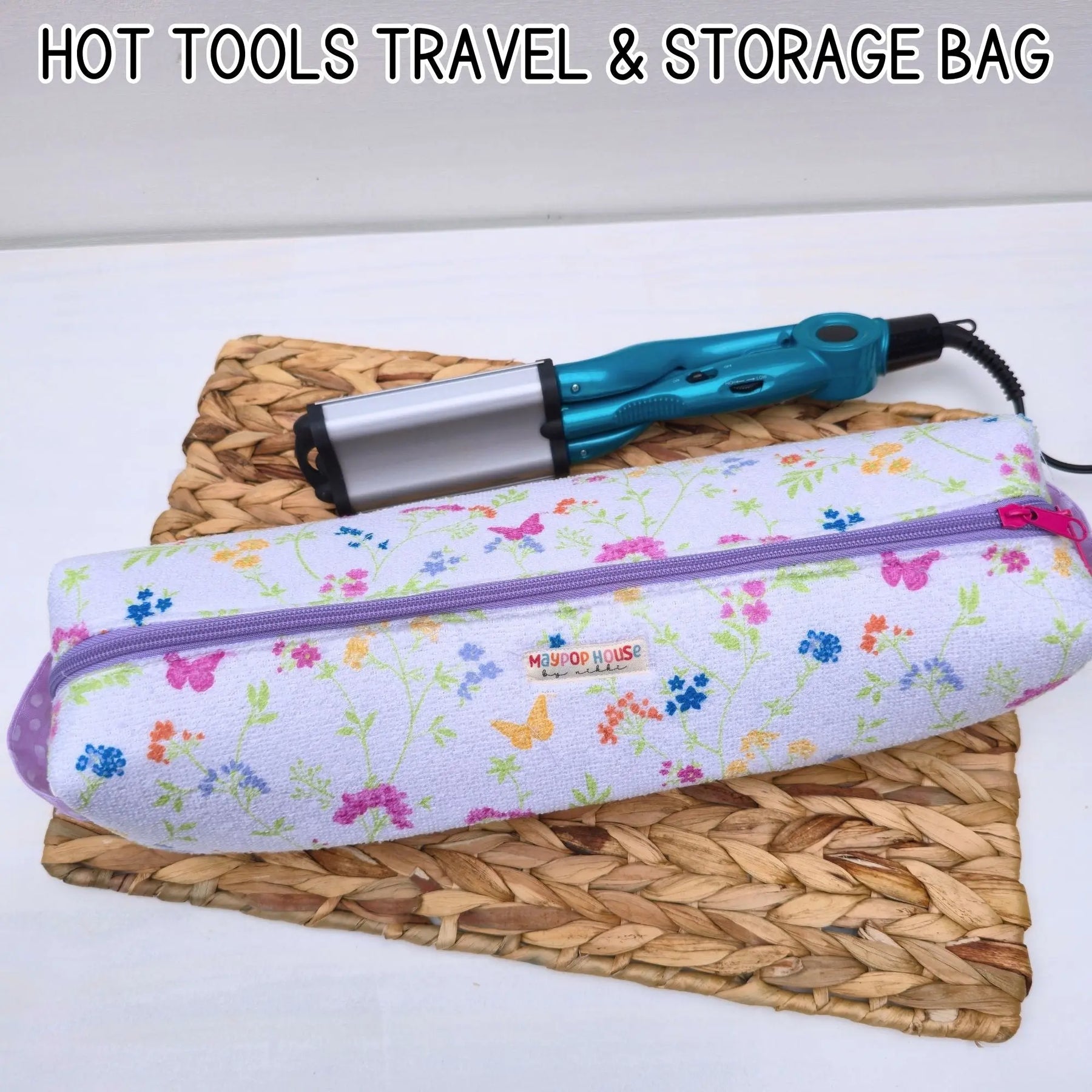 Hot Tool Storage Bag, Floral Boxy Zipper Pouch, Hair Tool Travel Case, Curling Iron Storage, Blow Dryer Organizer Maypop House Designs