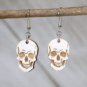Human Skull Wooden Dangle Earrings | Gothic Halloween Jewelry