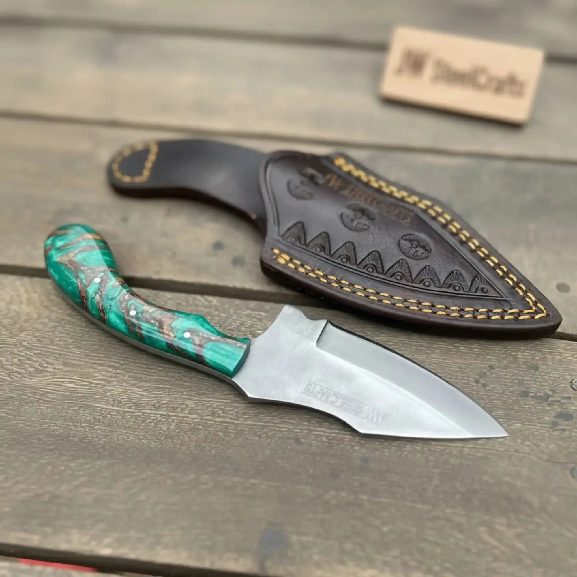 Handmade Skinner Knife with Green Pinecone Resin Handle by JW SteelCrafts