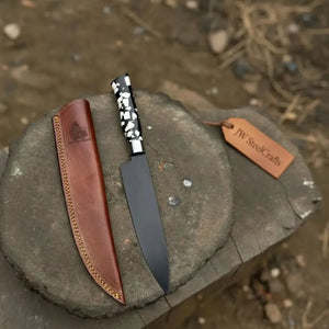 Black Blade Chef Knife Full Tang with Custom Handle & Leather Sheath