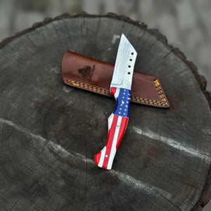 Damascus Tanto Fixed Blade Knife with American Flag Resin Handle, and Leather Sheath