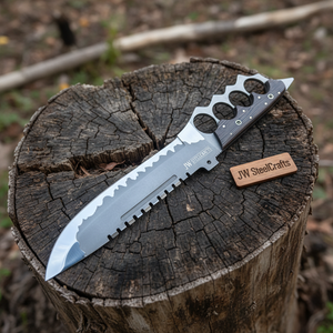 14-Inch High Carbon Steel Combat Knife — Acid Etched Tanto Blade, Knuckle Duster Guard & Wenge Wood Handle by JW SteelCrafts