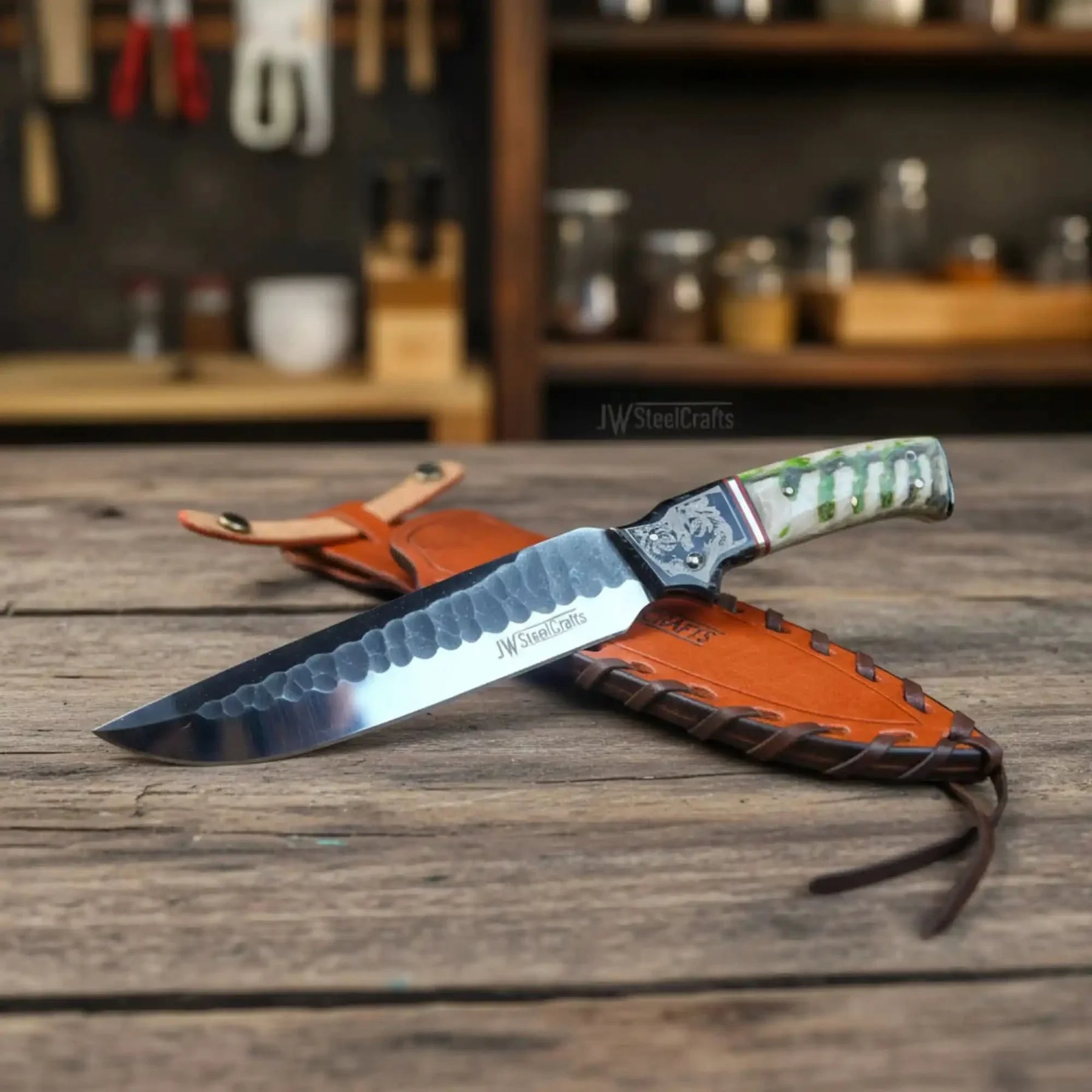 10-Inch Hammered Spear Point Survival Knife — Ram Horn Black Resin Handle, Tiger Engraved Copper Bolster & Leather Sheath by JW SteelCrafts