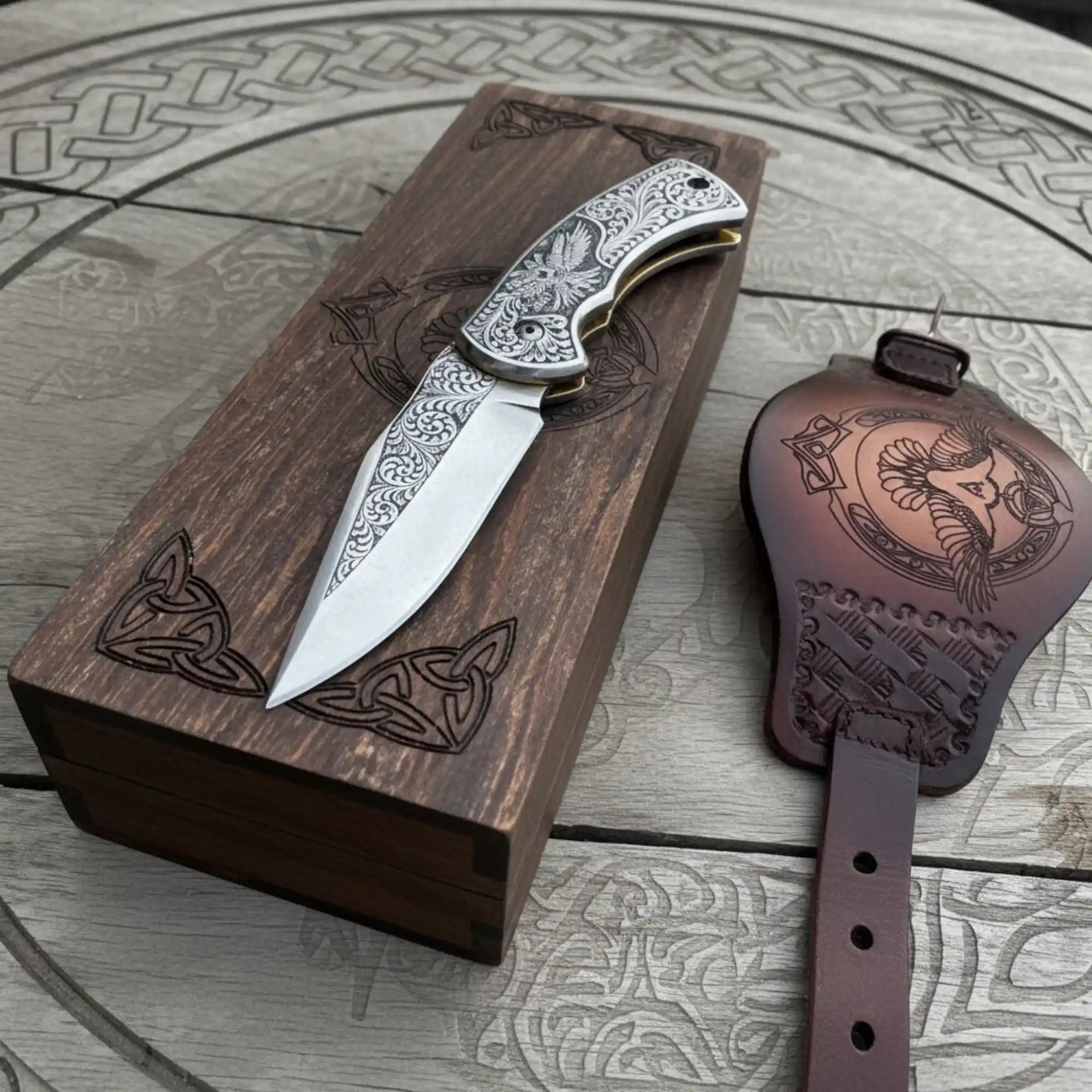 Hand Engraved Folding Knife — Eagle Motif Stainless Steel Scales, Mirror Polish Blade, Liner Lock, Wooden Box & Viking Rune Bracelet