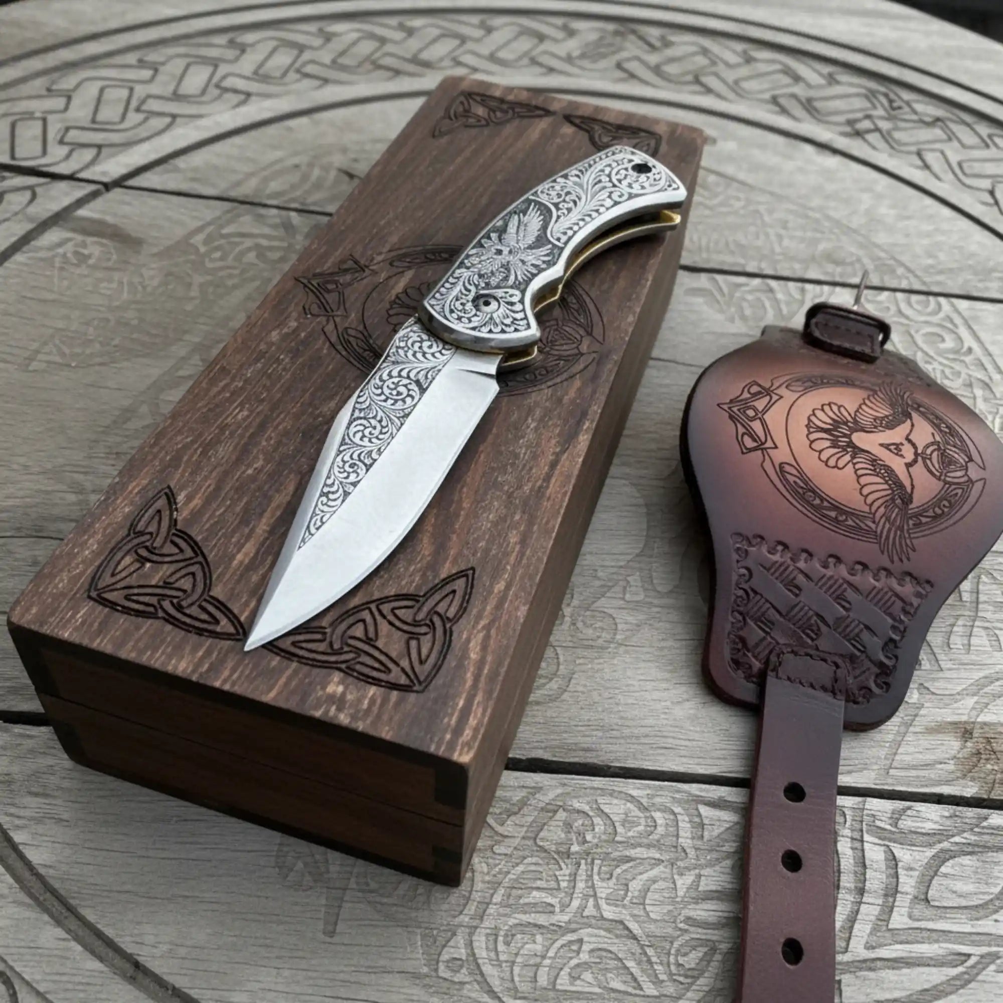 Hand Engraved Folding Knife — Eagle Motif Stainless Steel Scales, Mirror Polish Blade, Liner Lock, Wooden Box & Viking Rune Bracelet