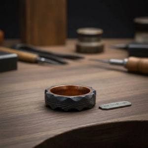 Copper Sleeve Damascus Ring with Carved Faceted Exterior