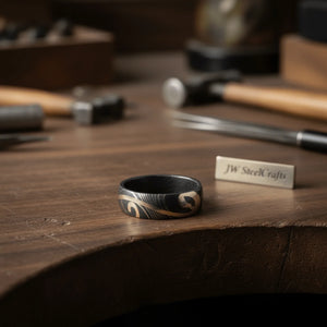 Damascus Gold Wave Inlay Ring with Organic Brass Swirl