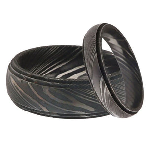 Damascus Steel Wedding Band Set with Wide and Slim Black Rings